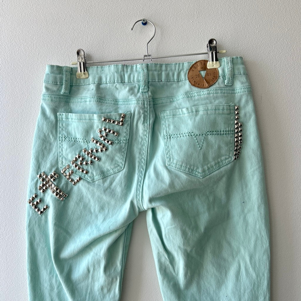 Indie sleaze mint green studded capris (up-cycle)