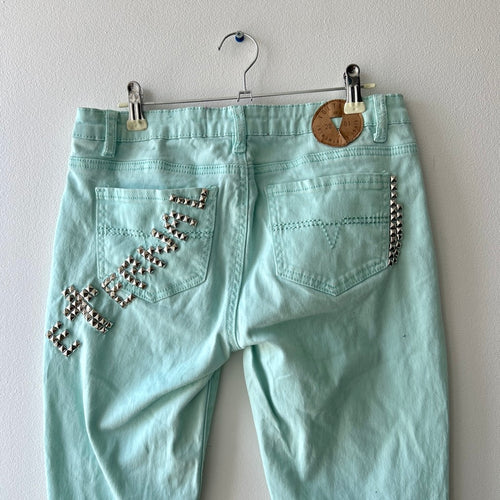 Indie sleaze mint green studded capris (up-cycle)
