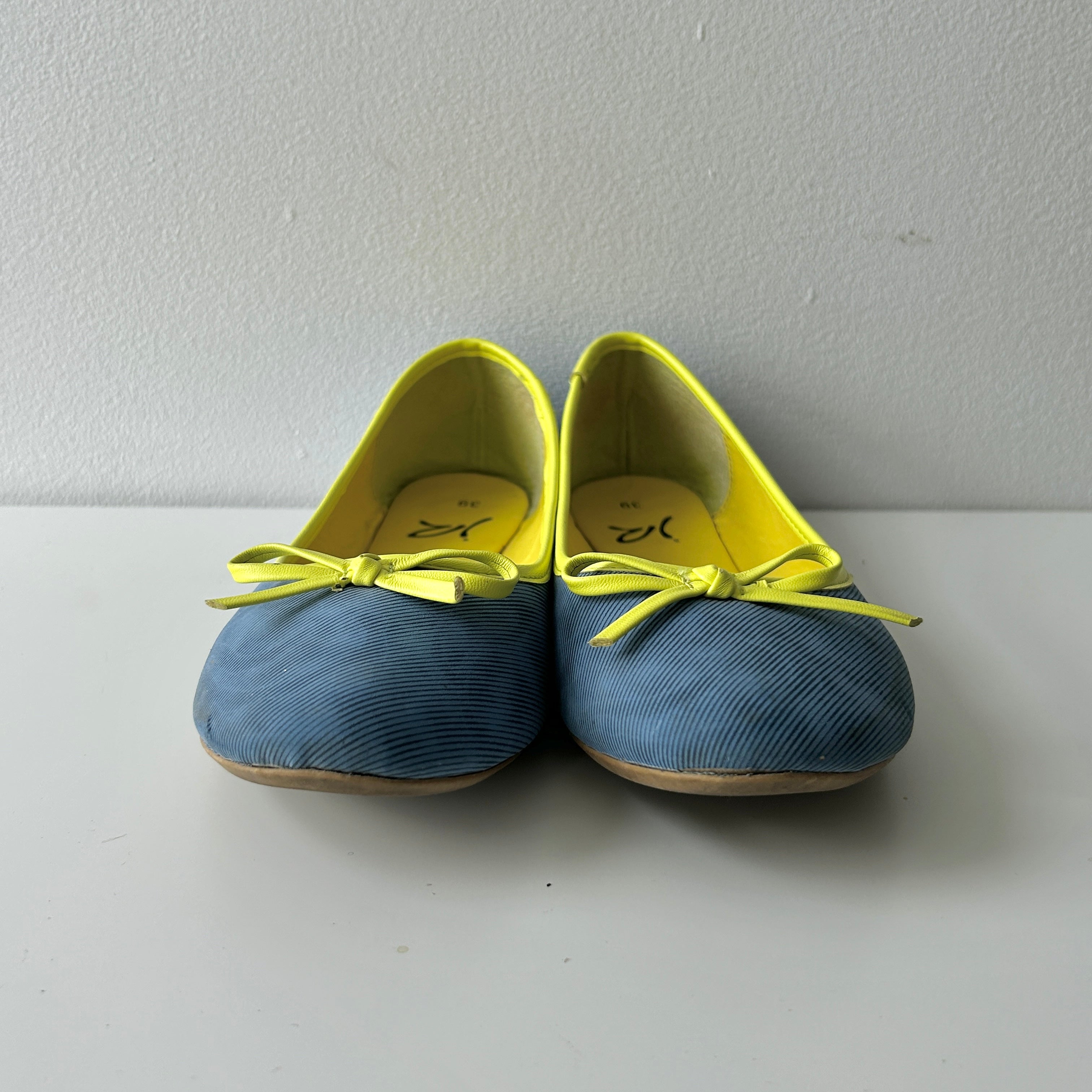 2000s blue and neon yellow ballet flats