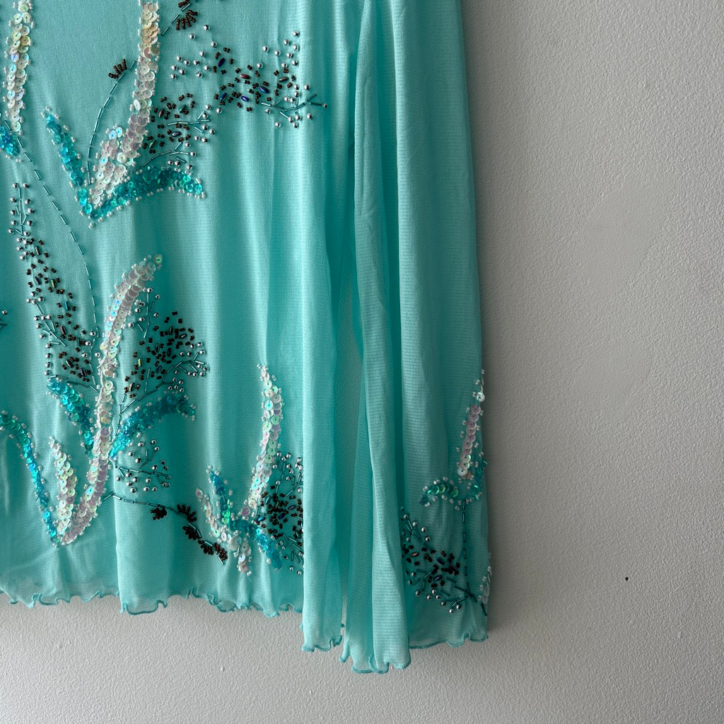 2000s beaded aqua mesh long sleeve top