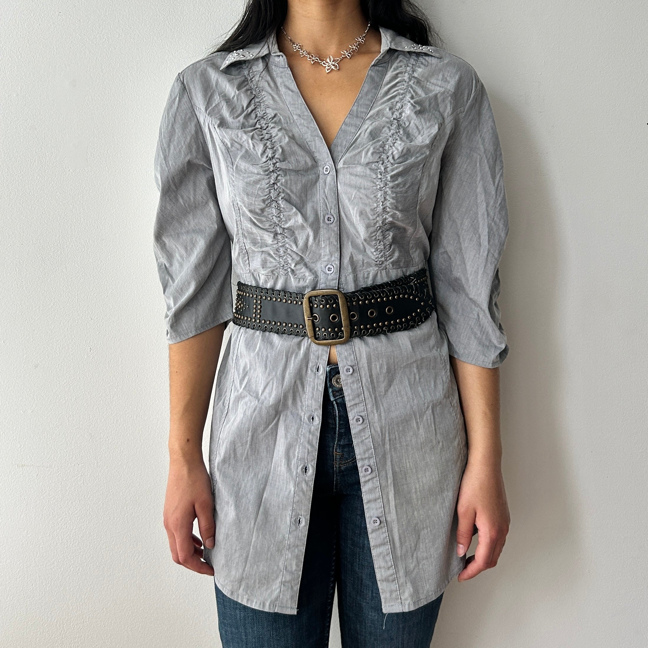 Y2K button up blouse with ruching by Colori