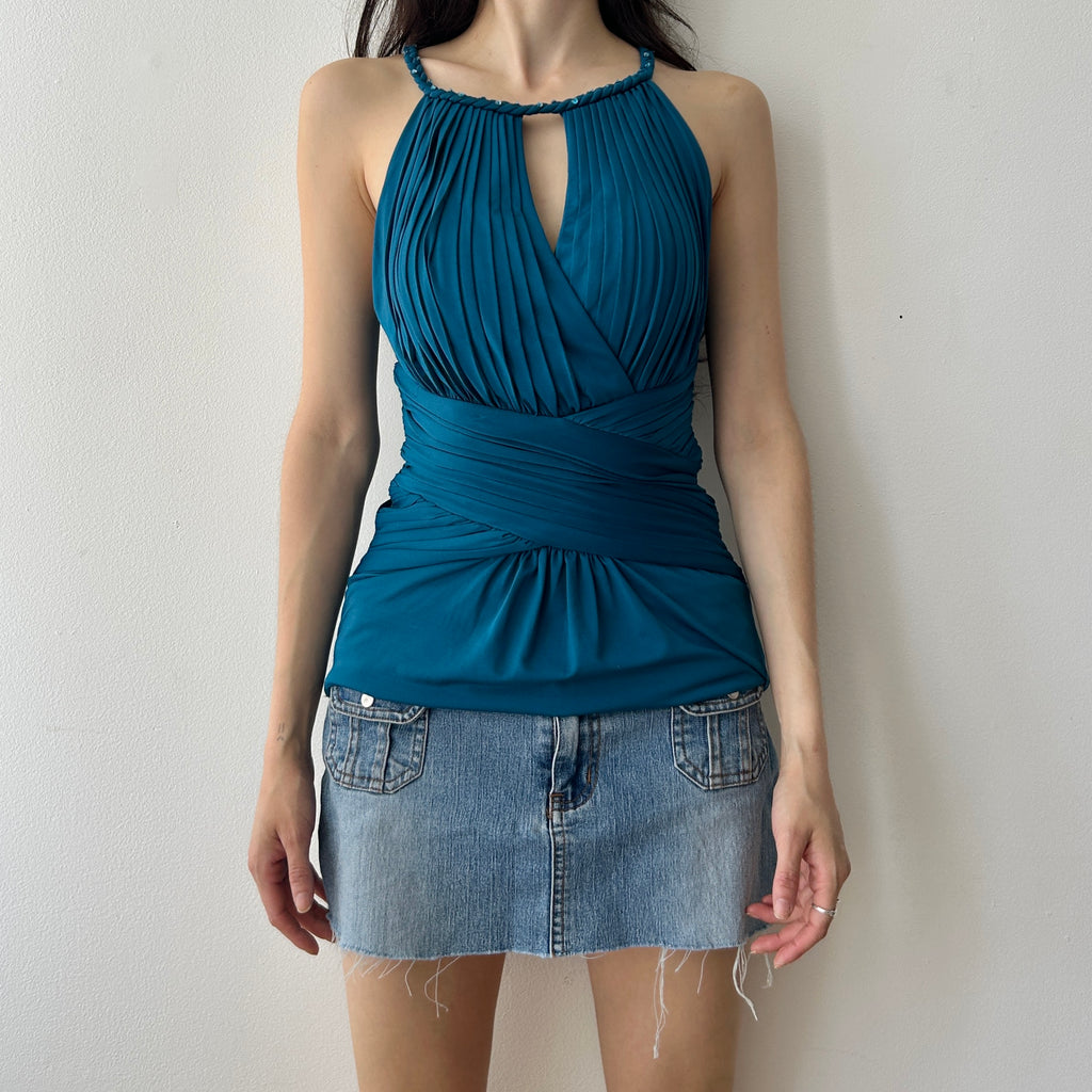 Y2K pleated top with braided neckline by le chateau