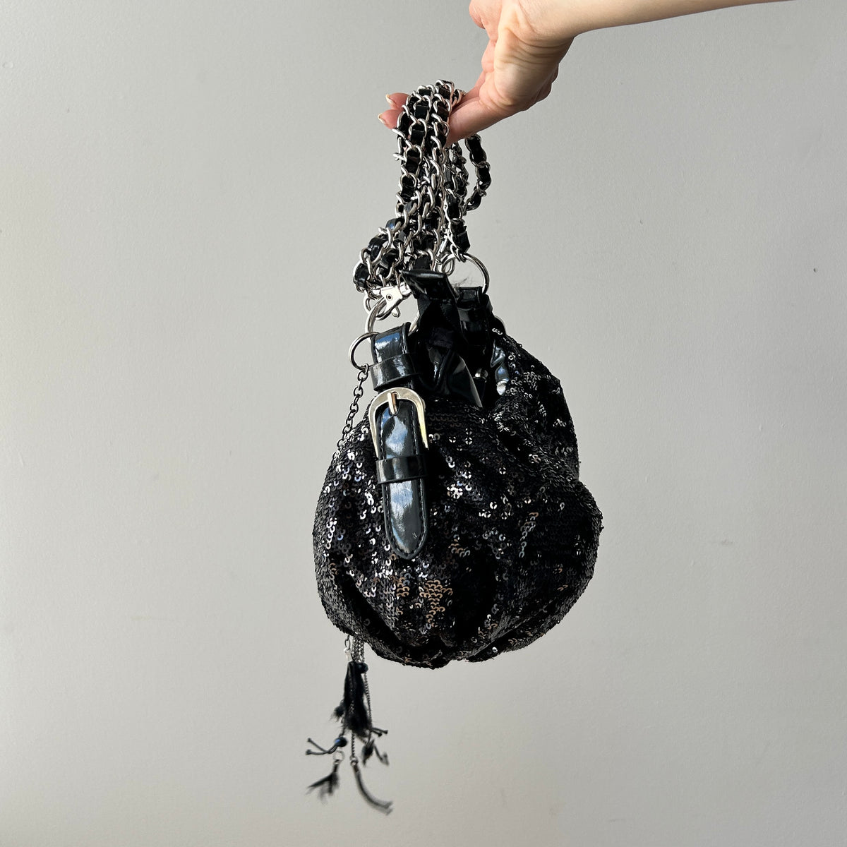 2000s sequin shoulder bag with feather detail (up-cycle)