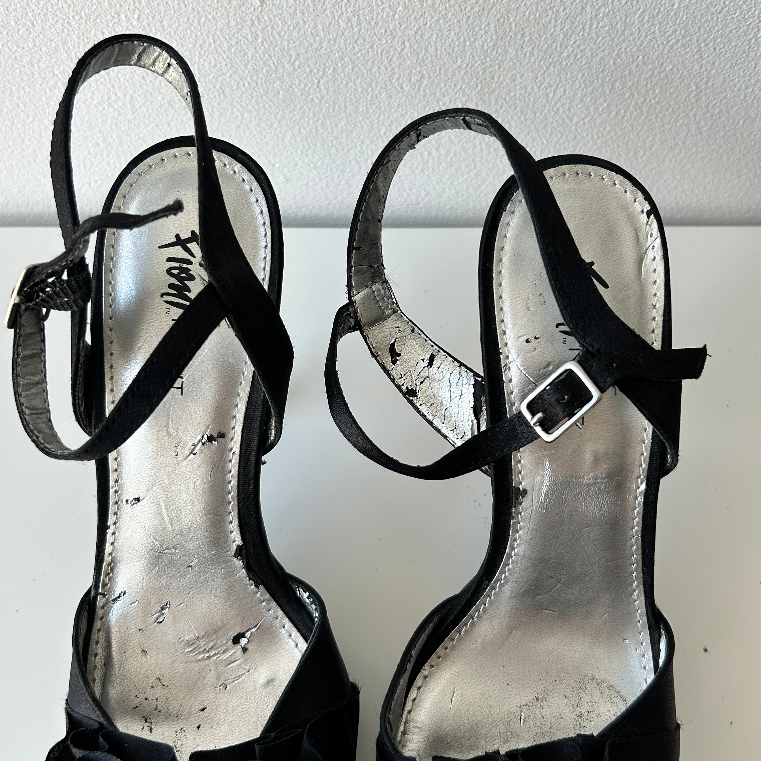 Deadstock ruffle detail satin heeled sandals by Fioni