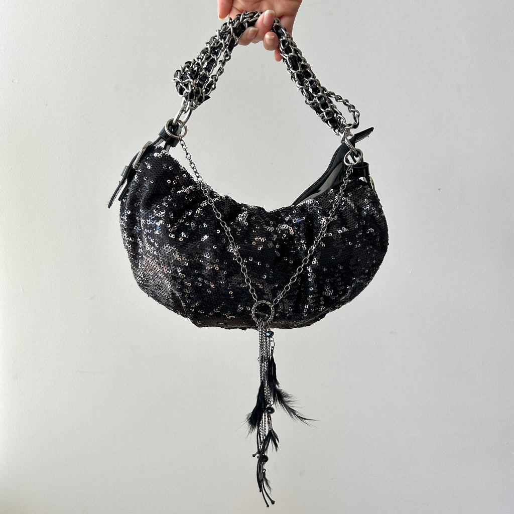 2000s sequin shoulder bag with feather detail (up-cycle)