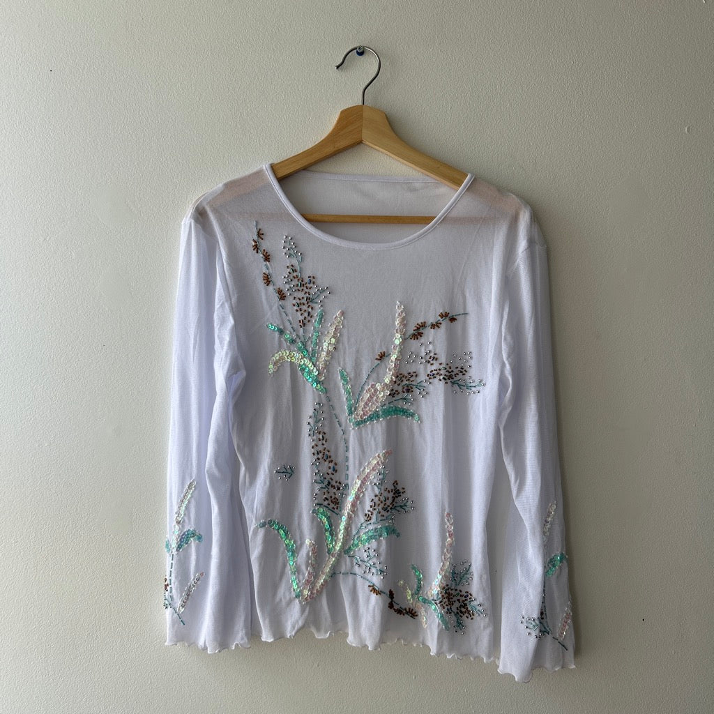 2000s beaded long sleeve white top