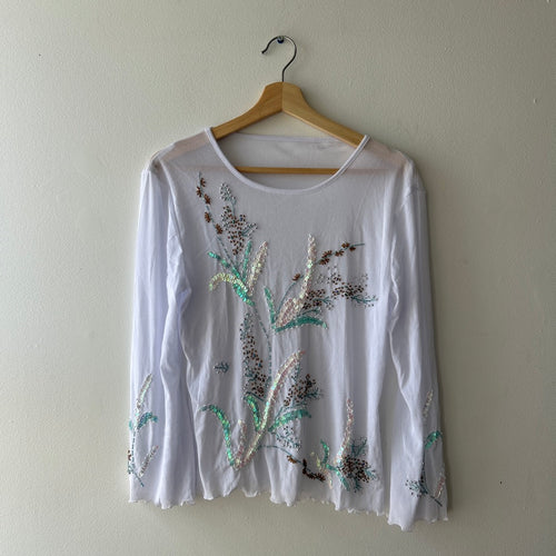 2000s beaded long sleeve white top