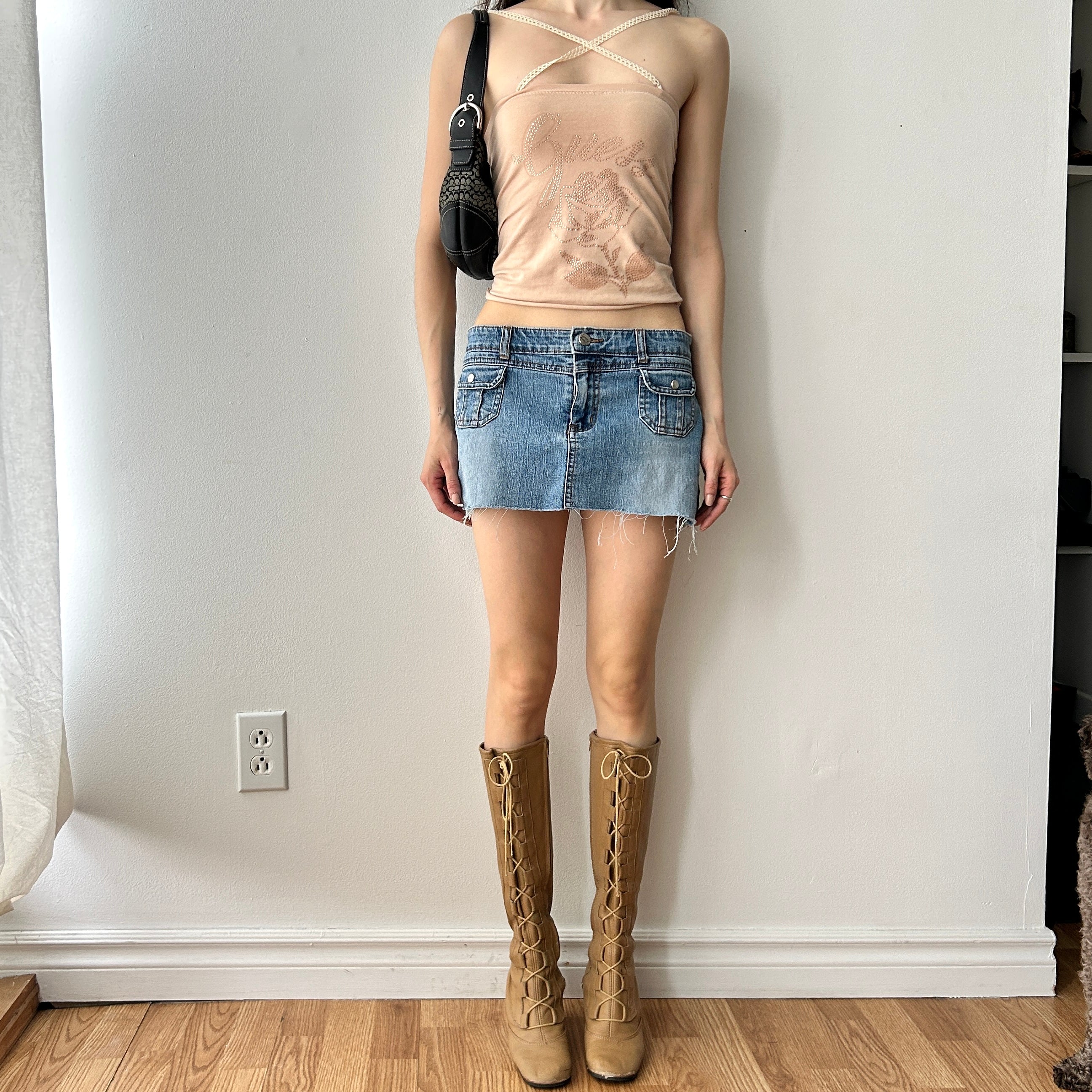 2000s Guess Bedazzled Top with Lace Straps (Up-cycle)