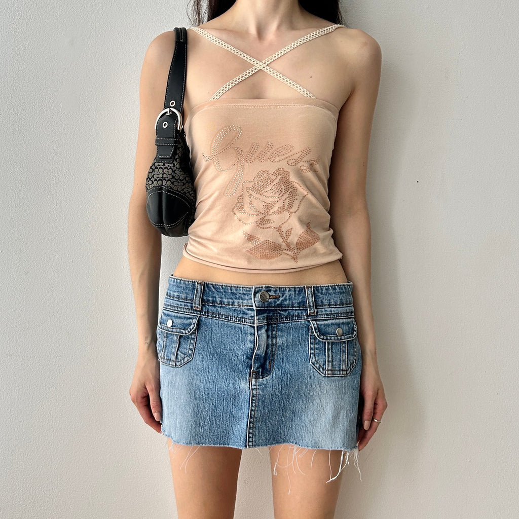 2000s Guess Bedazzled Top with Lace Straps (Upcycle)