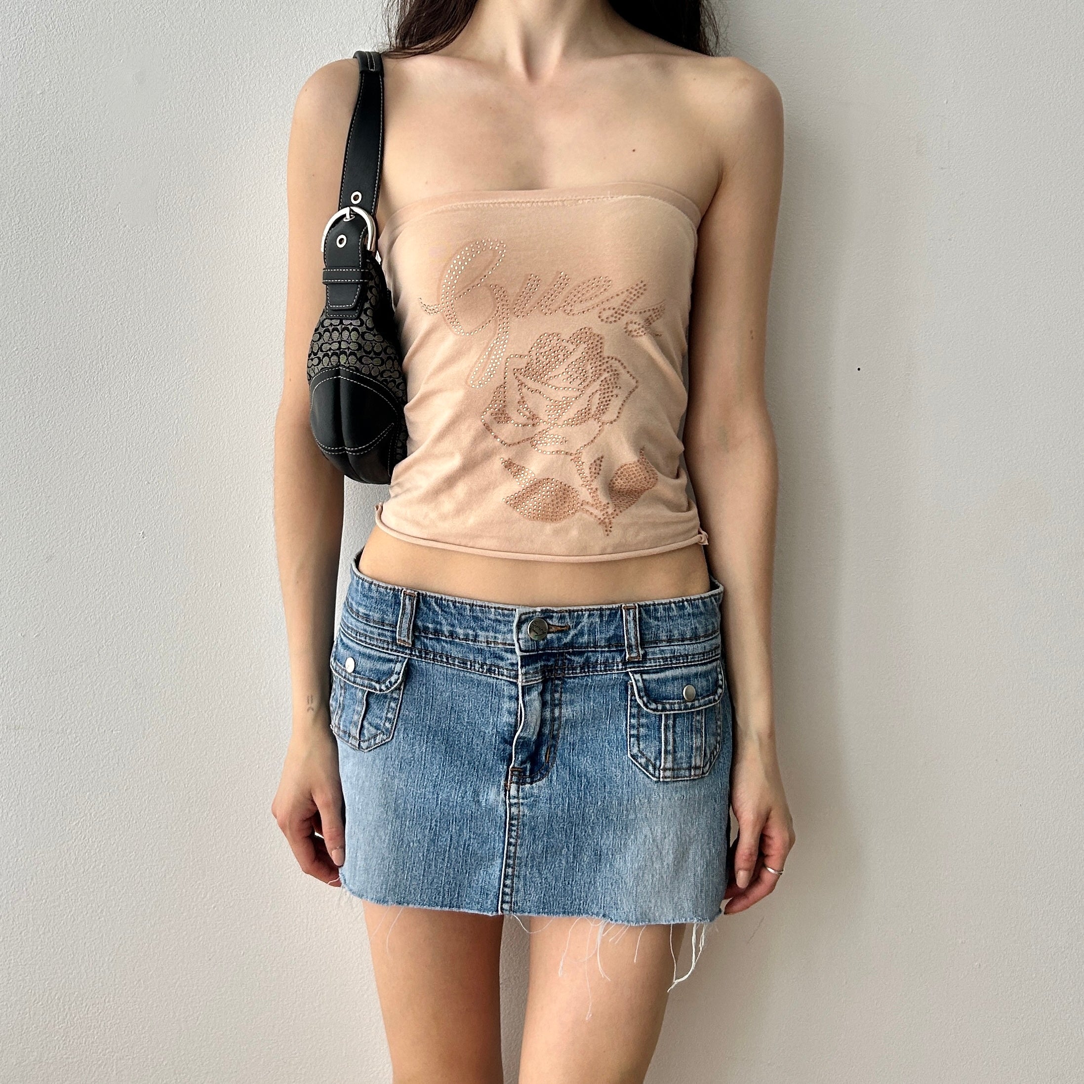2000s Guess Bedazzled Top with Lace Straps (Up-cycle)