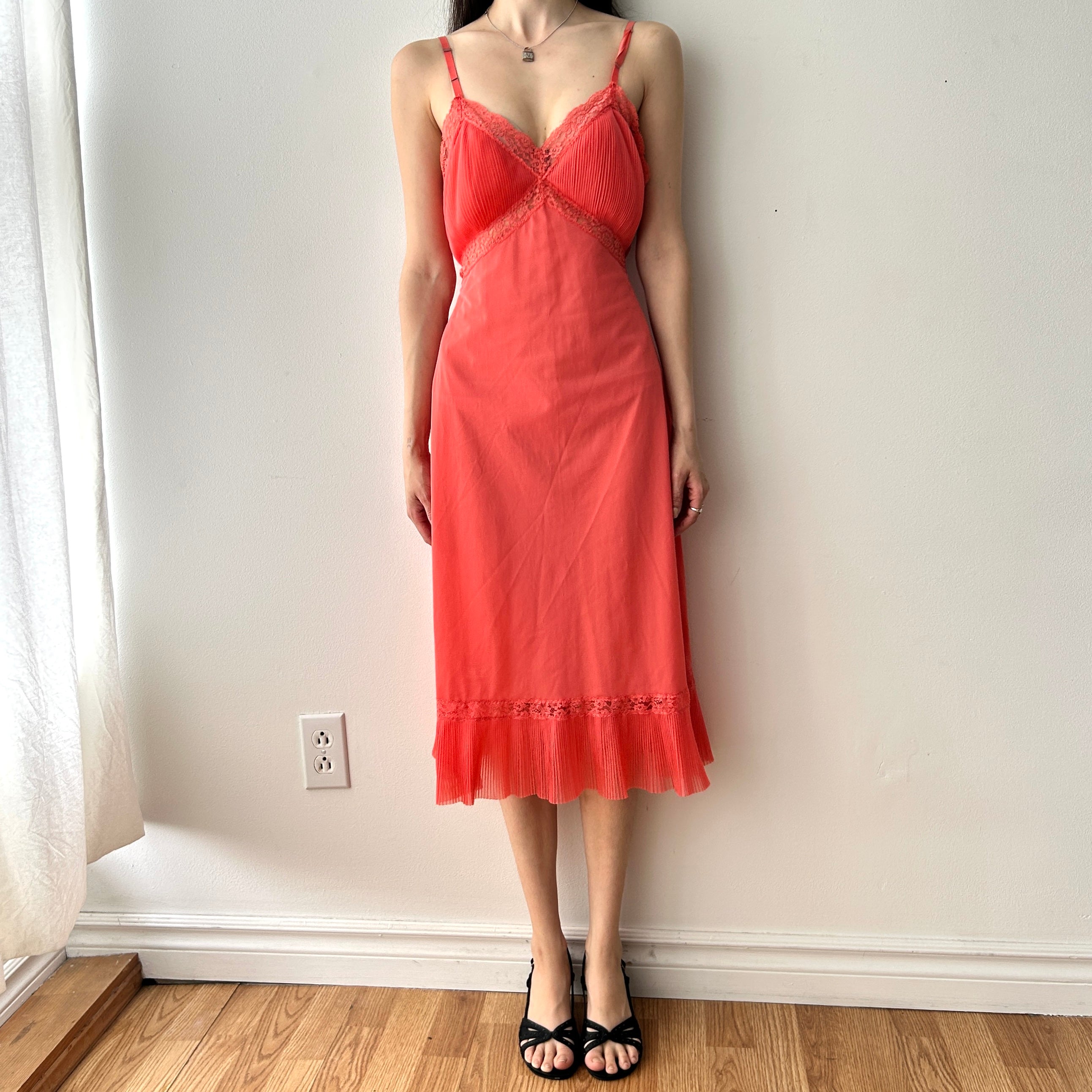 Vintage Coral Pink Slip Dress With Ruffle Hem