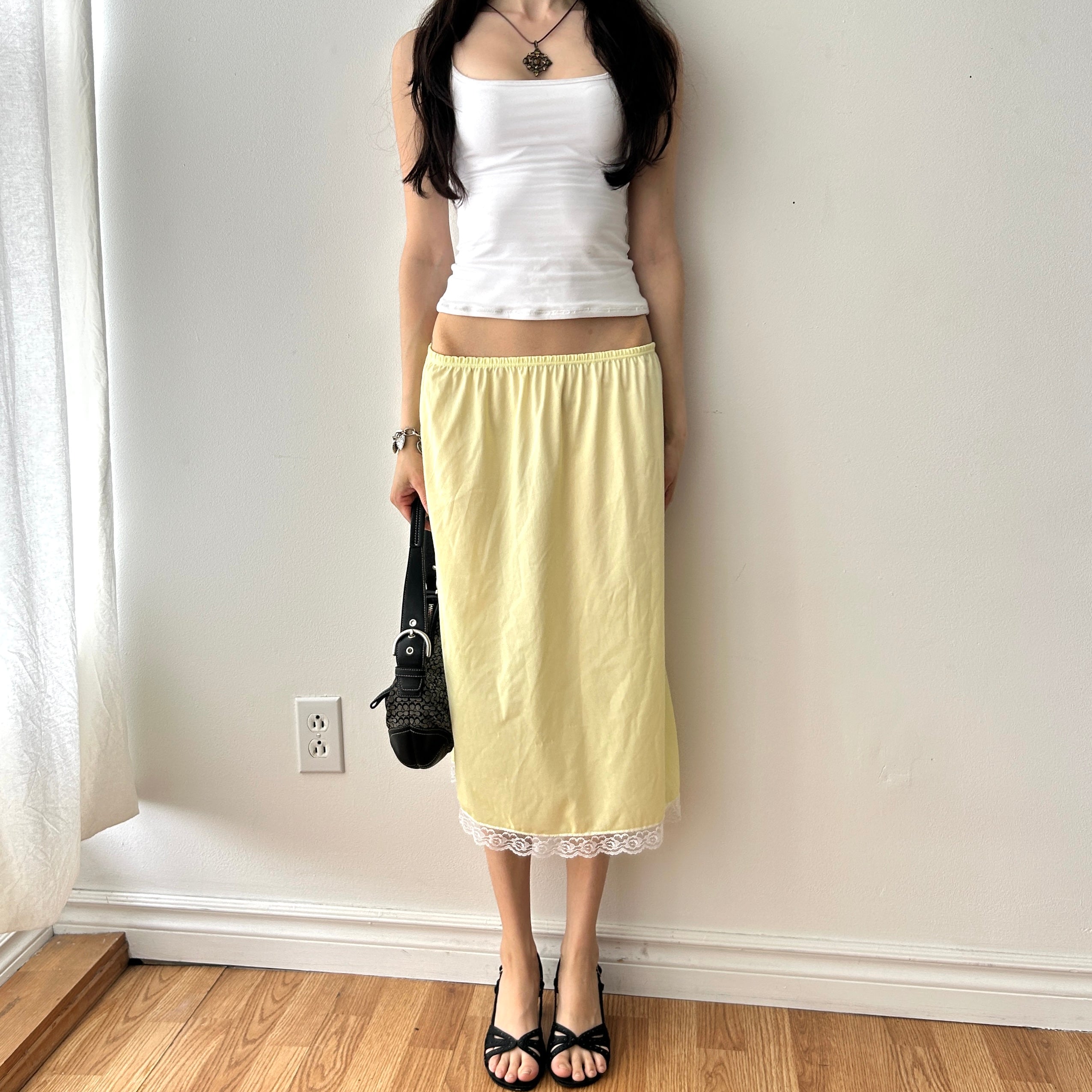 Vintage Pastel Yellow Slip Skirt With Lace Trim