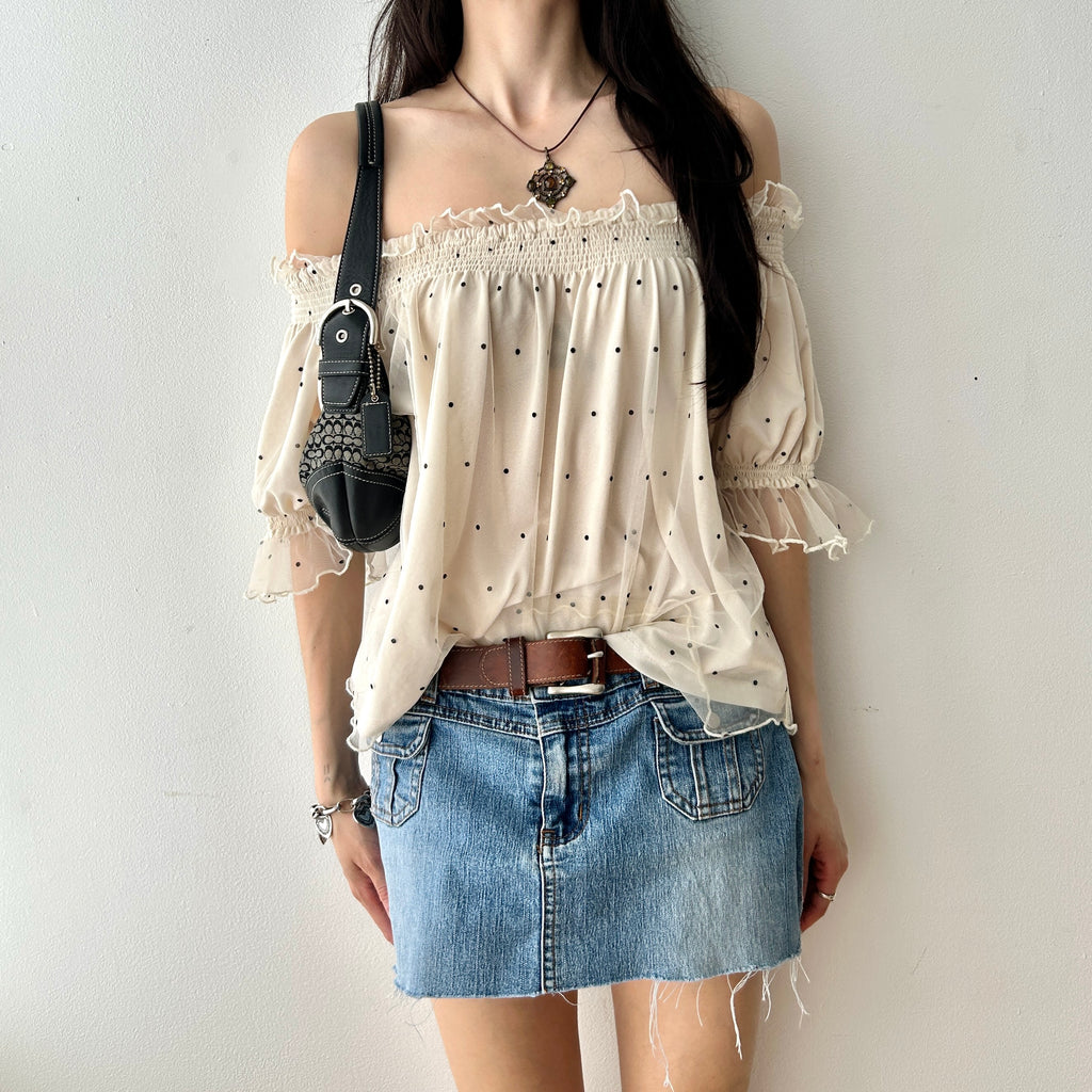 Boho Polka Dot Mesh Ruffle Top