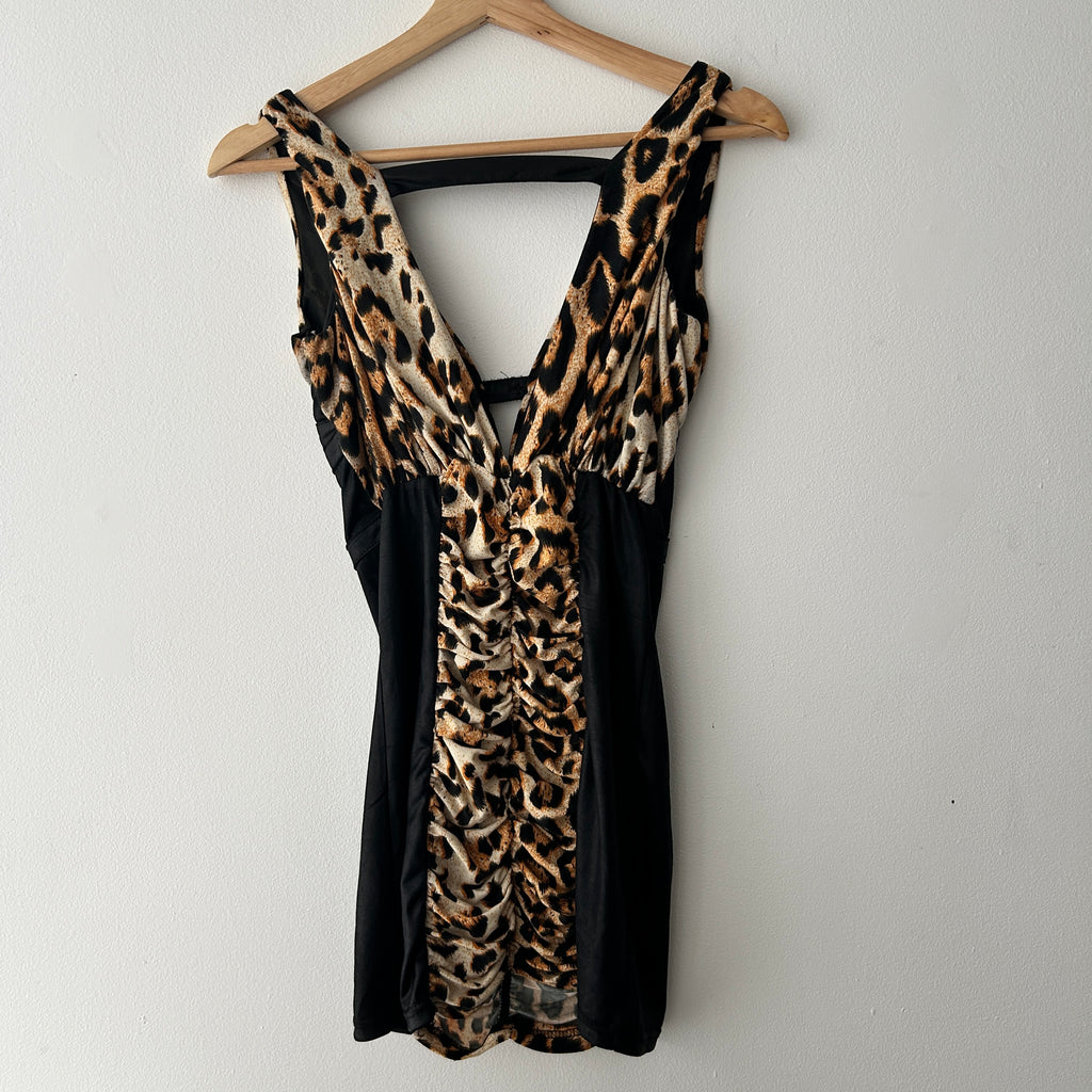 Y2K Rave Leopard Print Plunging Dress
