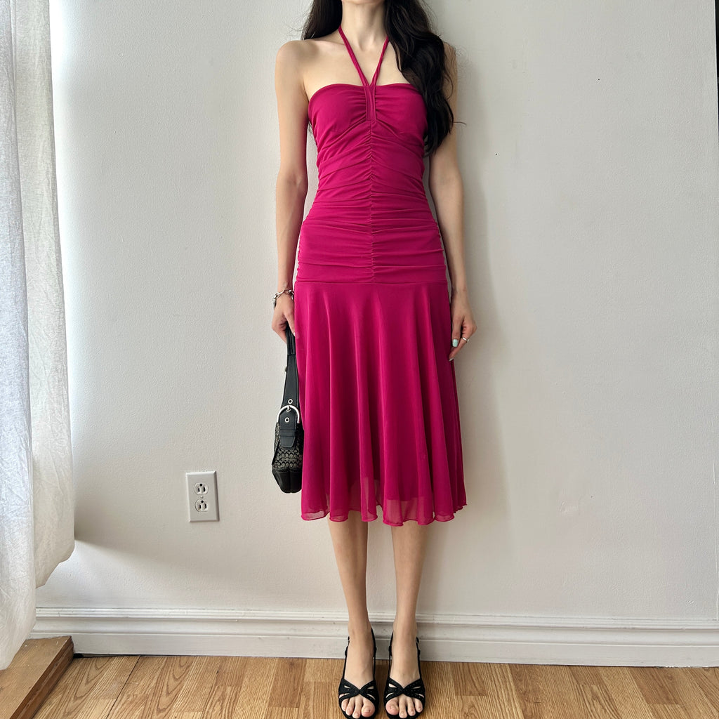 Y2K Fairy Pink Halter Neck Midi Dress by Le Chateau
