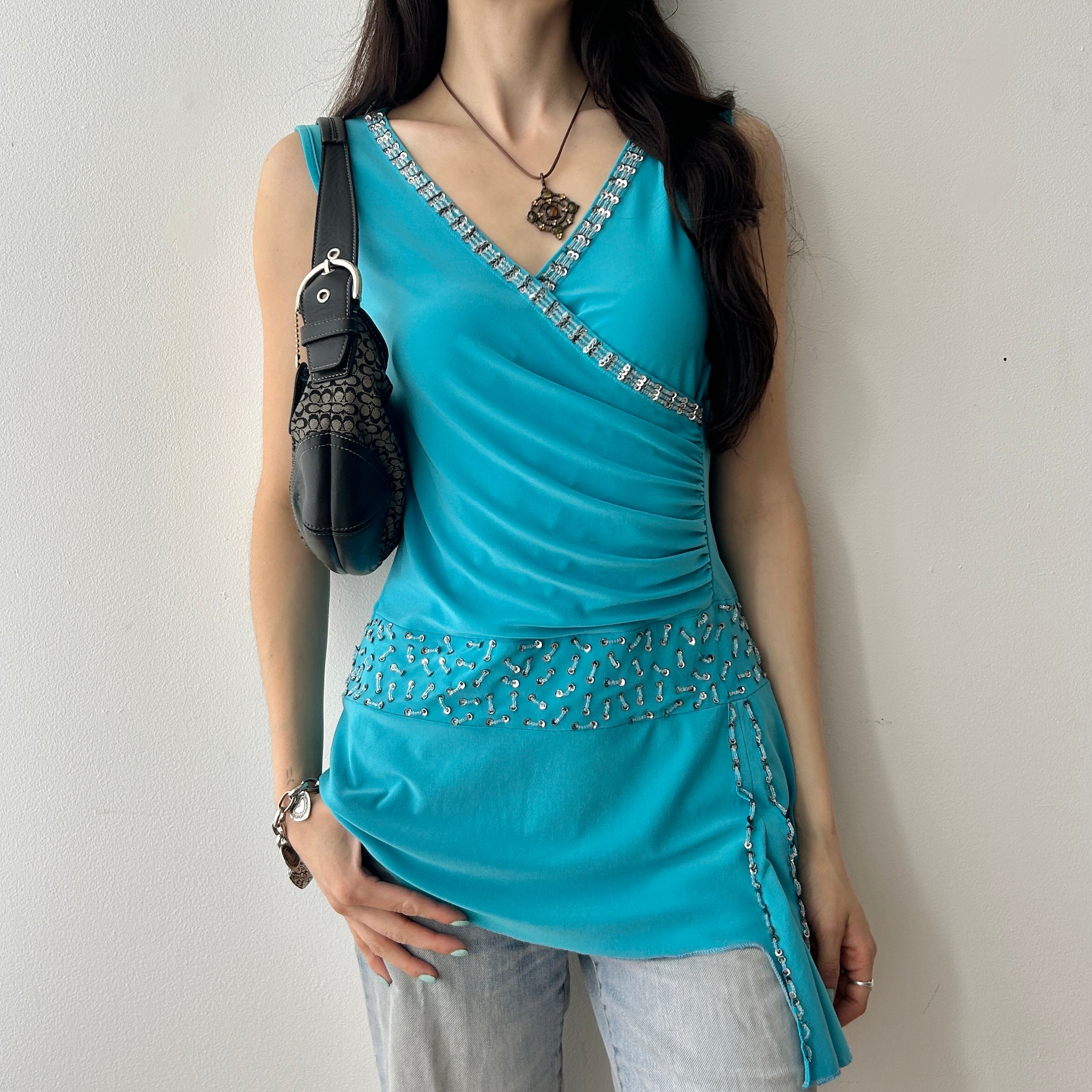 Y2K Sequin Teal Asymmetrical Top