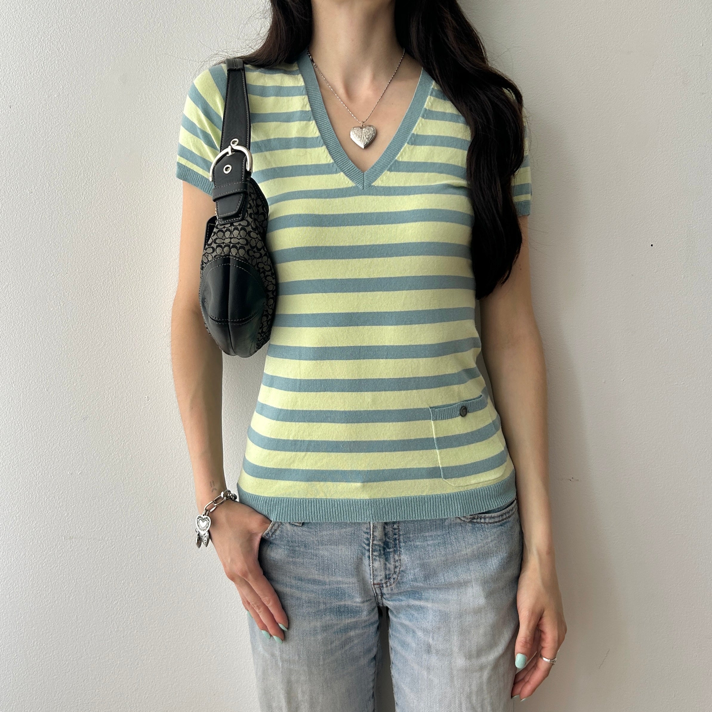 Indie Sleaze Striped Knit V-neck Top by ça va de soi