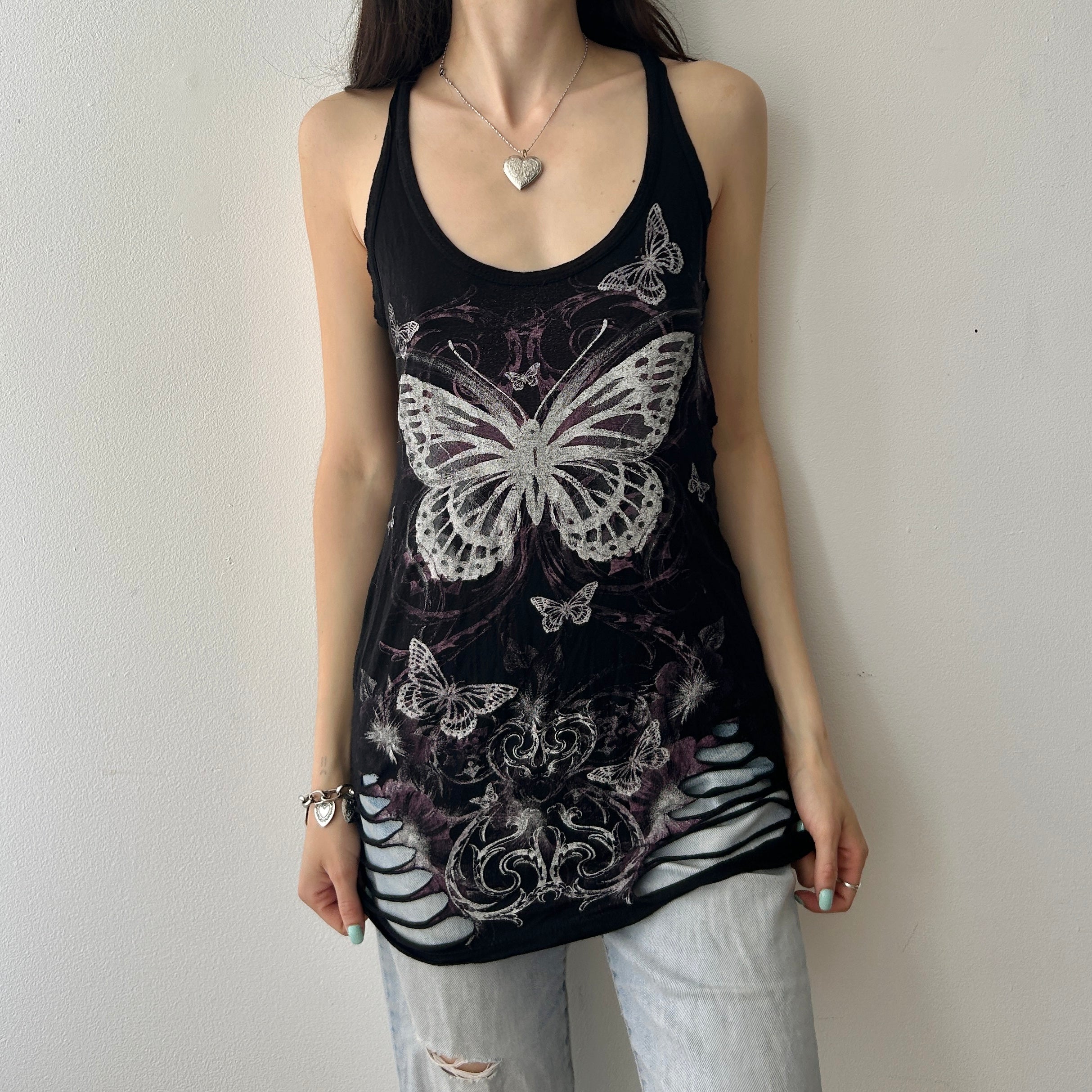 Indie Sleaze Butterfly Tank With Slashed Open Back by Joyce Leslie