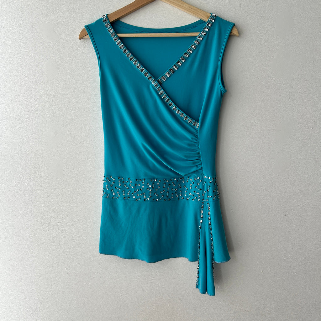 Y2K Sequin Teal Asymmetrical Top