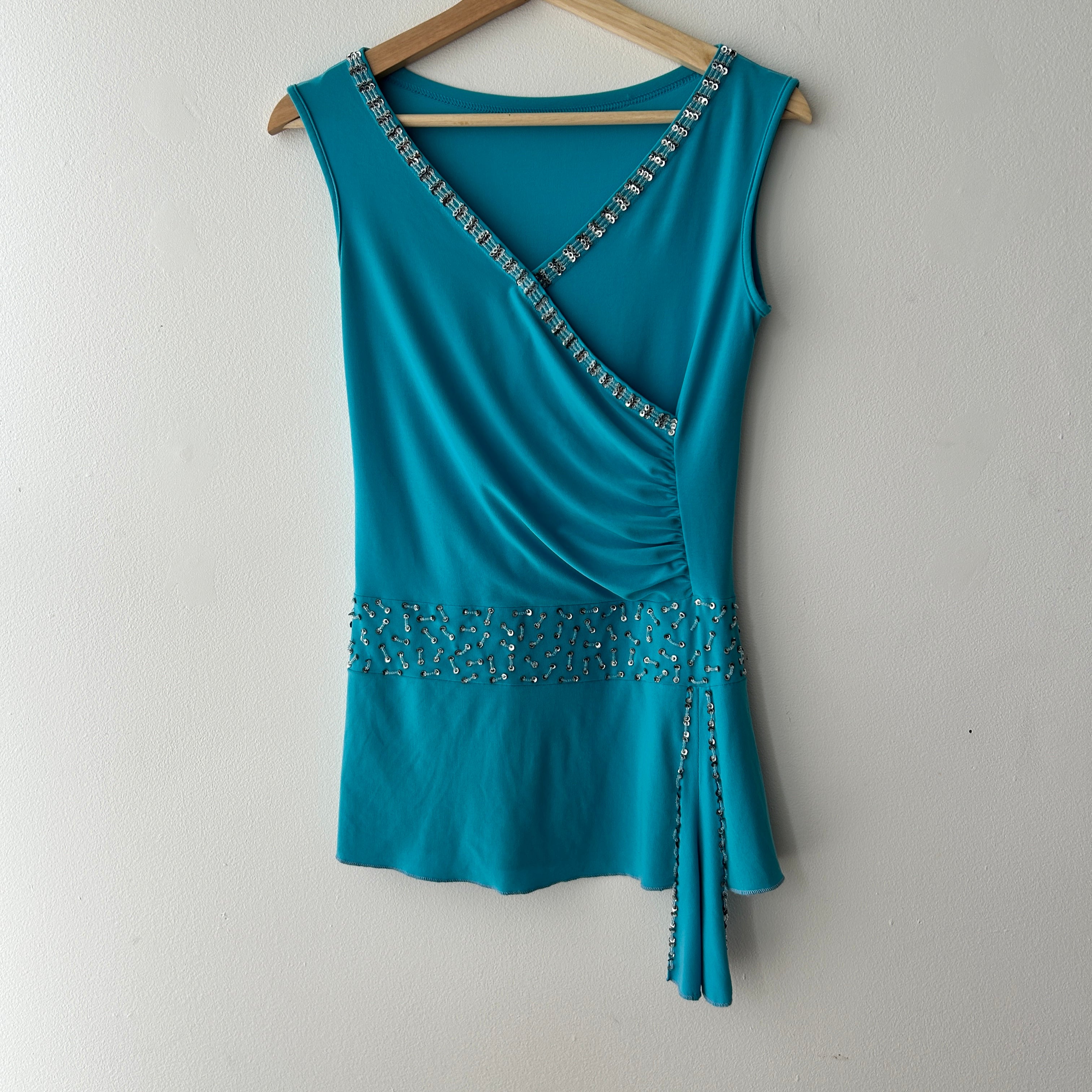 Y2K Sequin Teal Asymmetrical Top