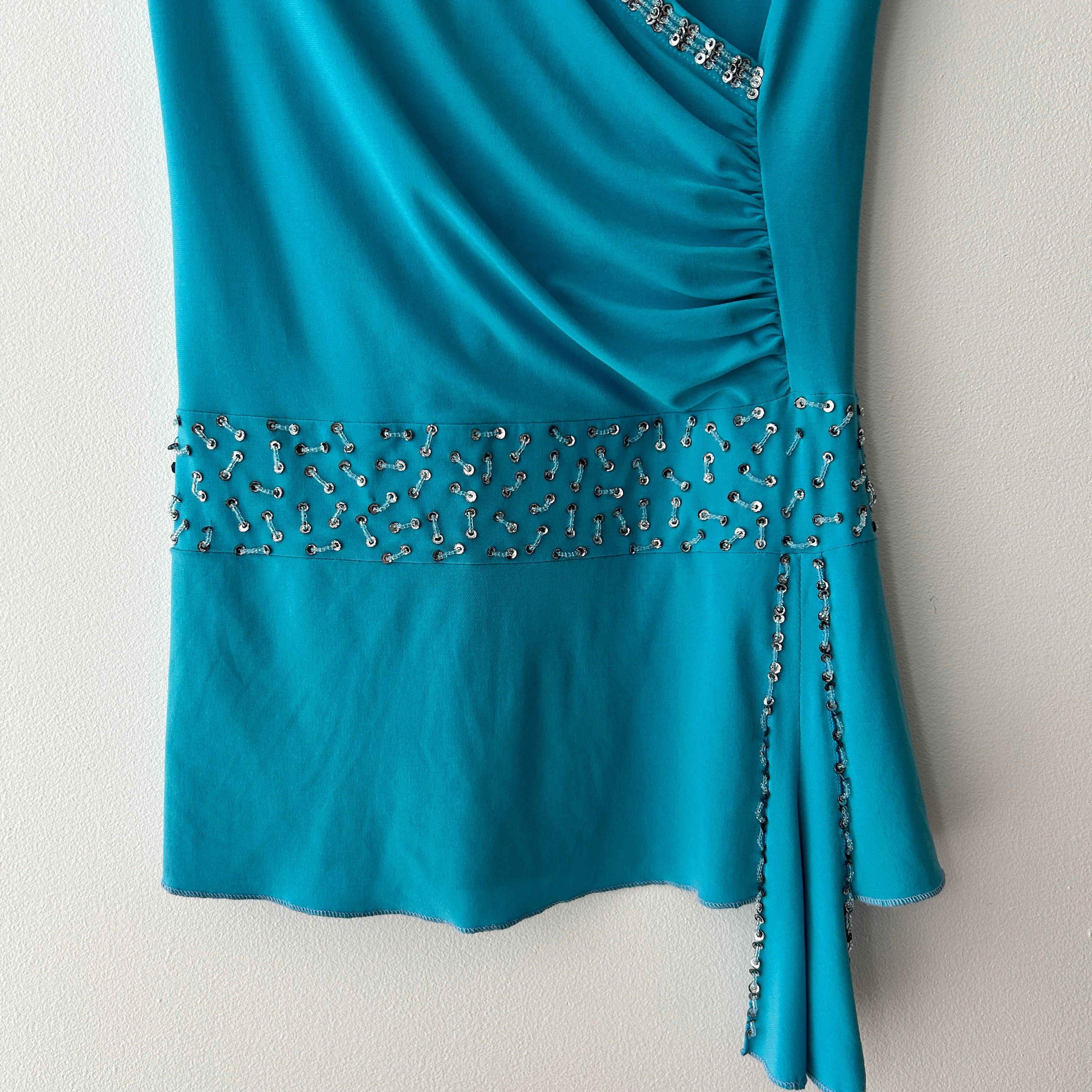 Y2K Sequin Teal Asymmetrical Top