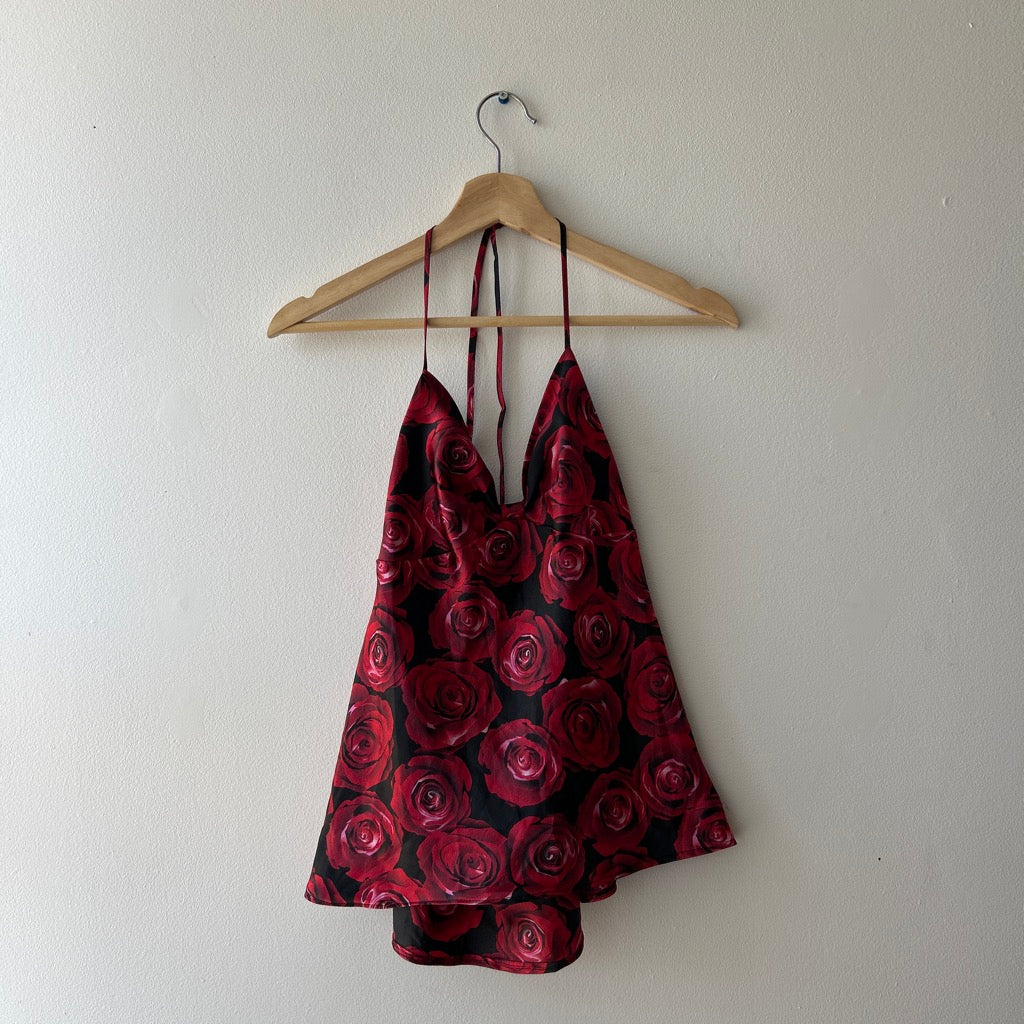 2000s rose printed halter top by la vie en rose (up-cycle)
