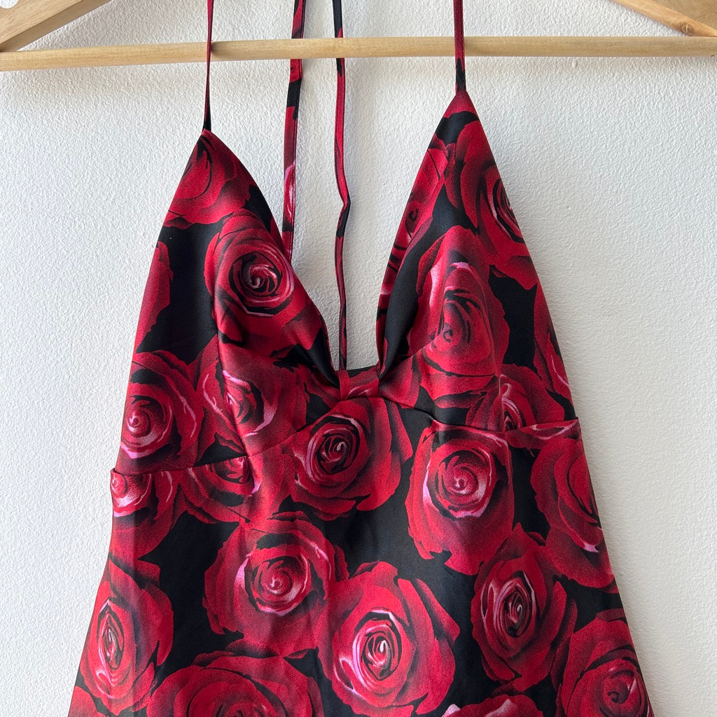 2000s rose printed halter top by la vie en rose (up-cycle)