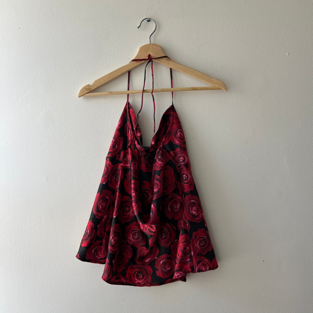 2000s rose printed halter top by la vie en rose (up-cycle)
