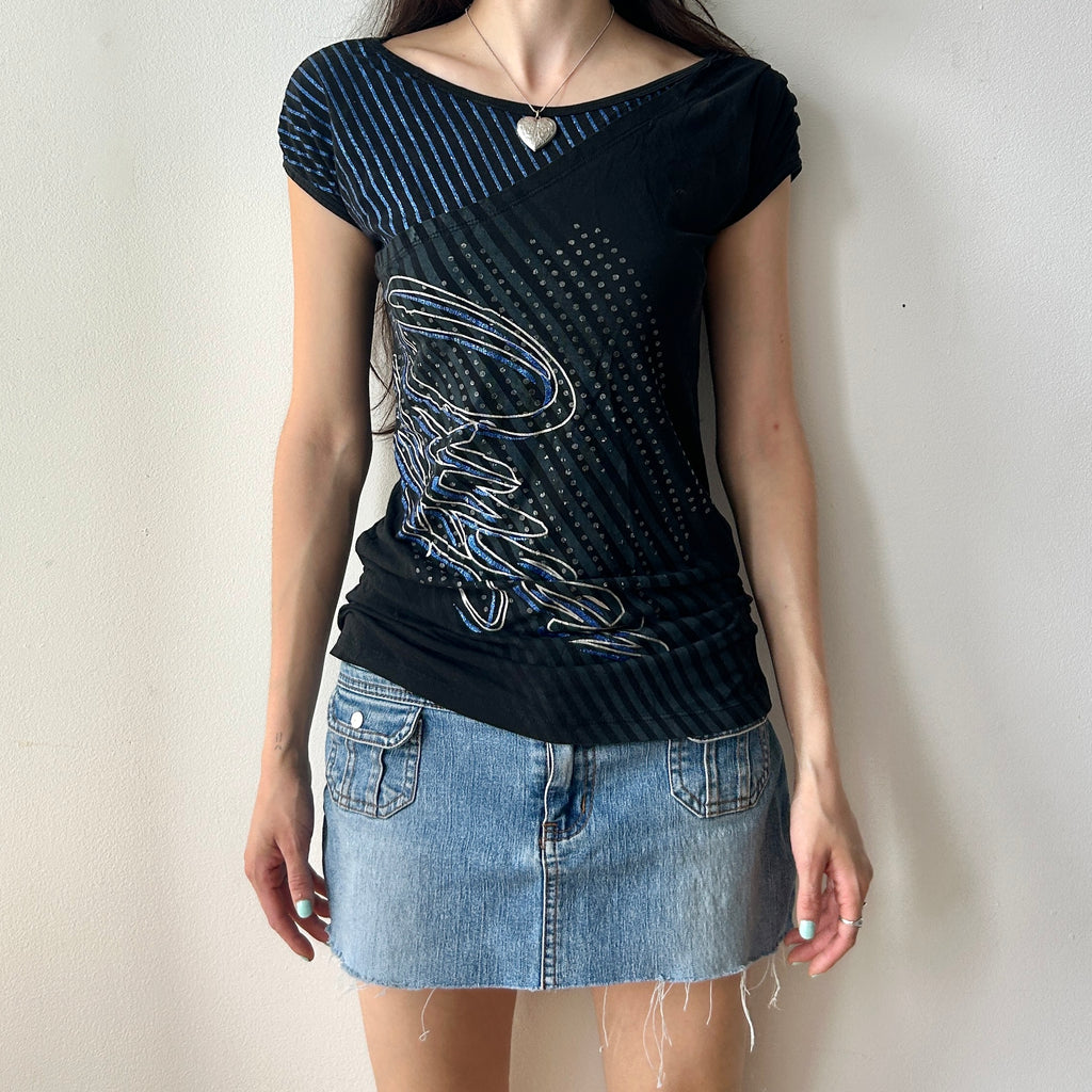 Y2K t-shirt with rhinestone and button details by oxygen