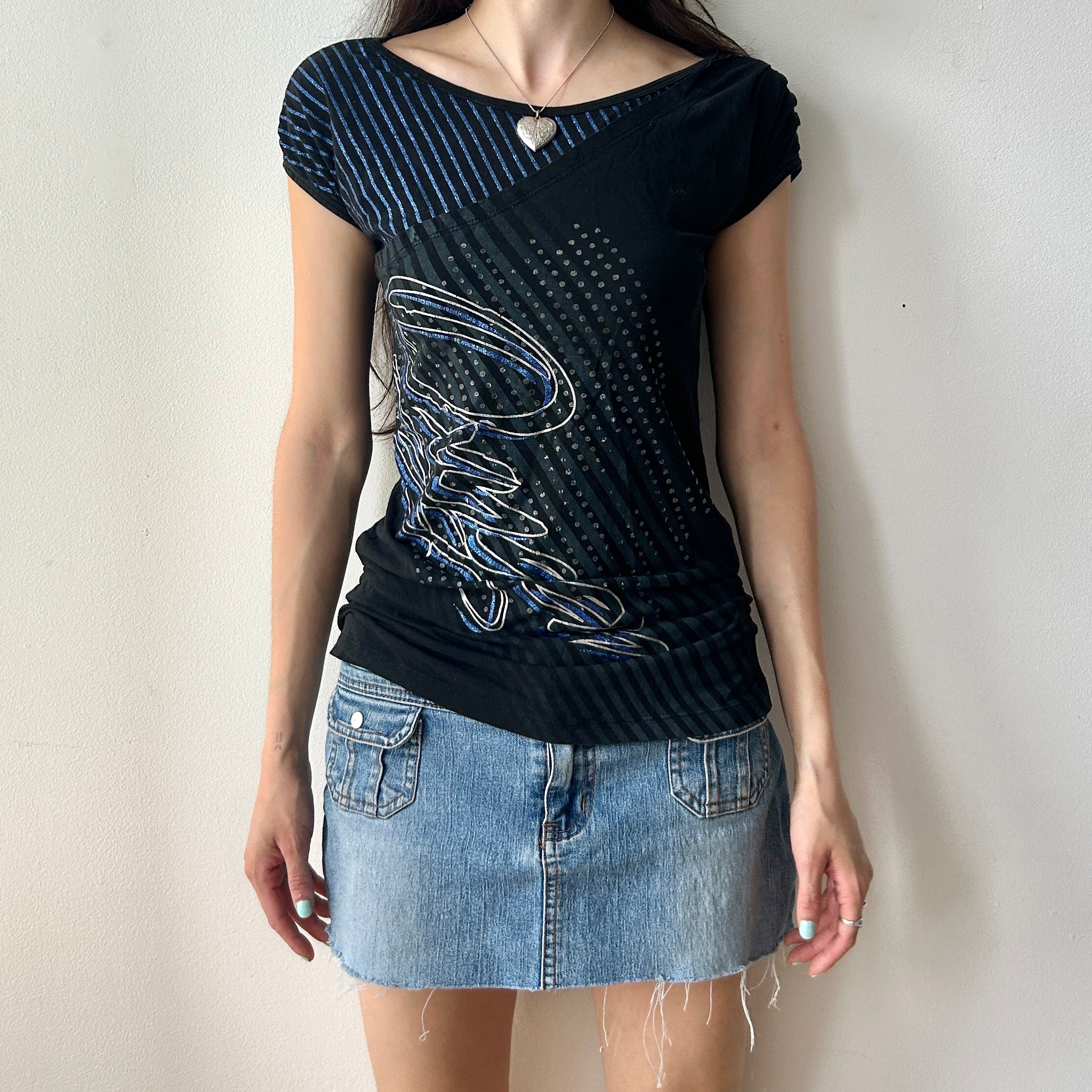Y2K t-shirt with rhinestone and button details by oxygen