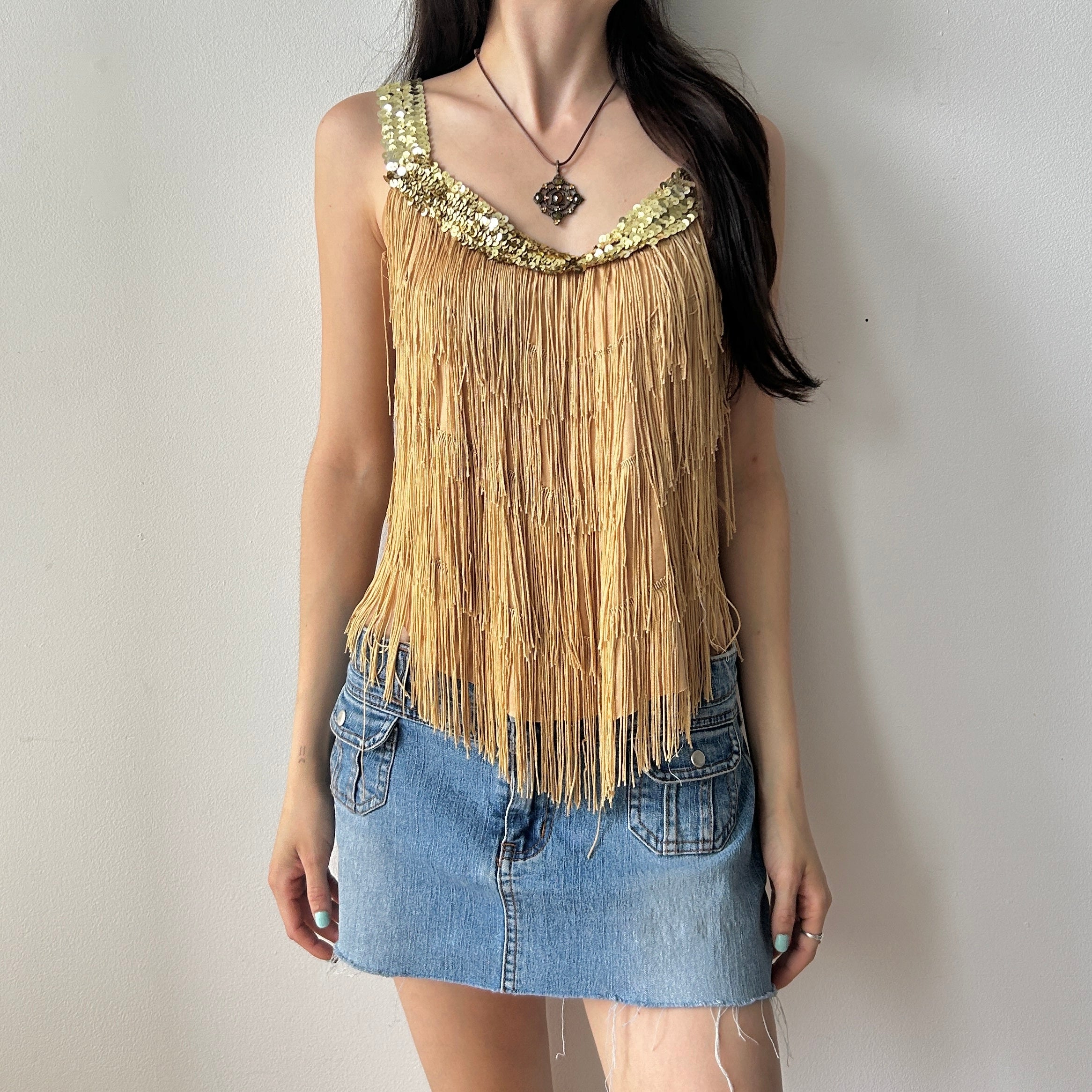 vintage fringe top with sequin trim