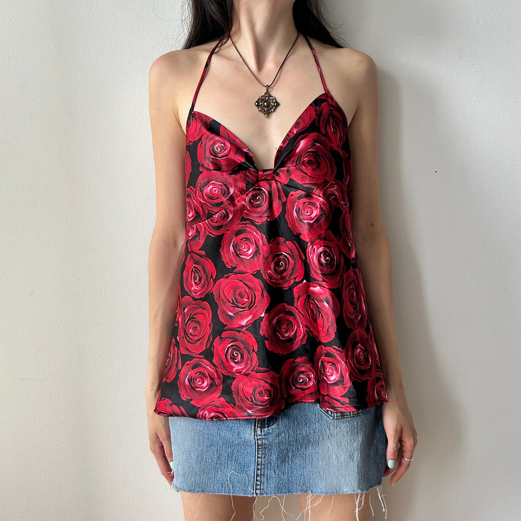 2000s rose printed halter top by la vie en rose (up-cycle)