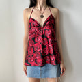 2000s rose printed halter top by la vie en rose (up-cycle)