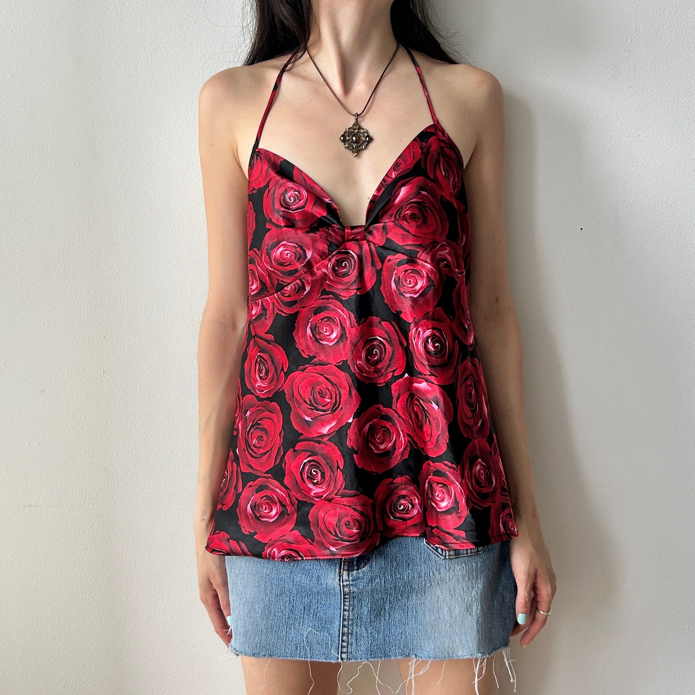 2000s rose printed halter top by la vie en rose (up-cycle)