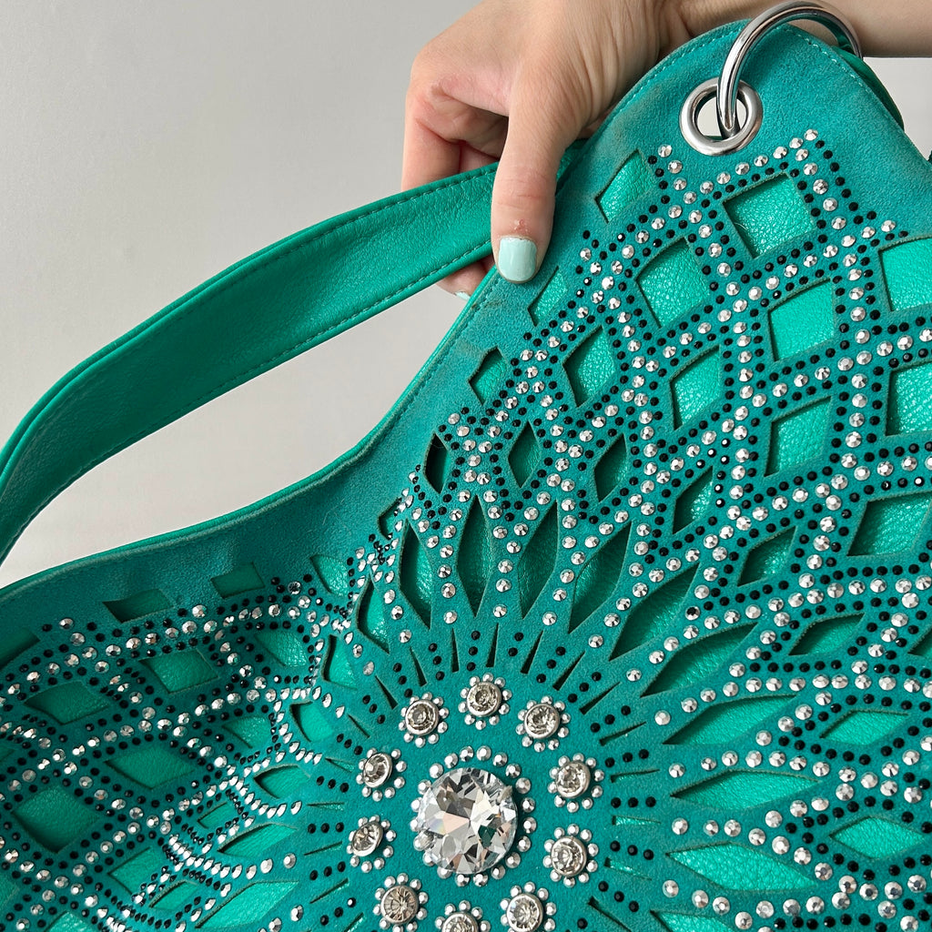 2000s teal shoulder bag with rhinestones