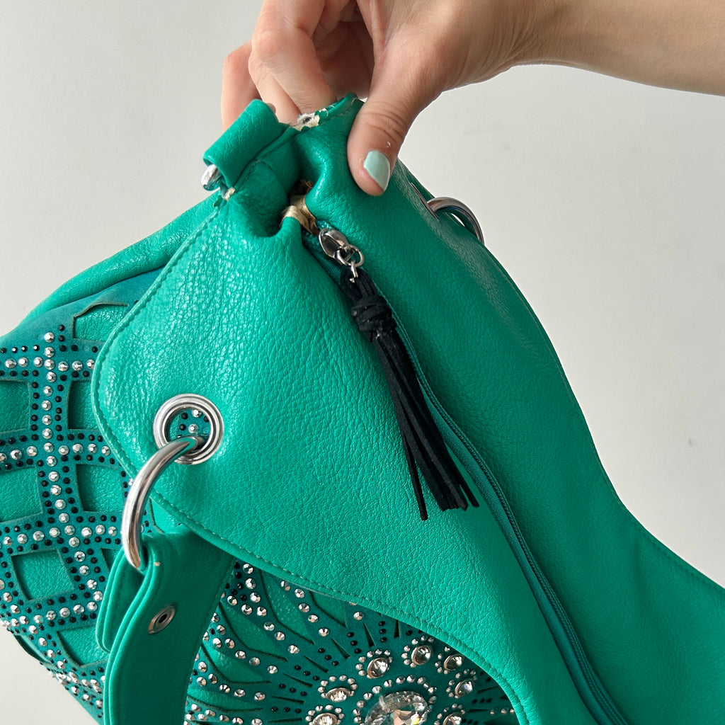 2000s teal shoulder bag with rhinestones