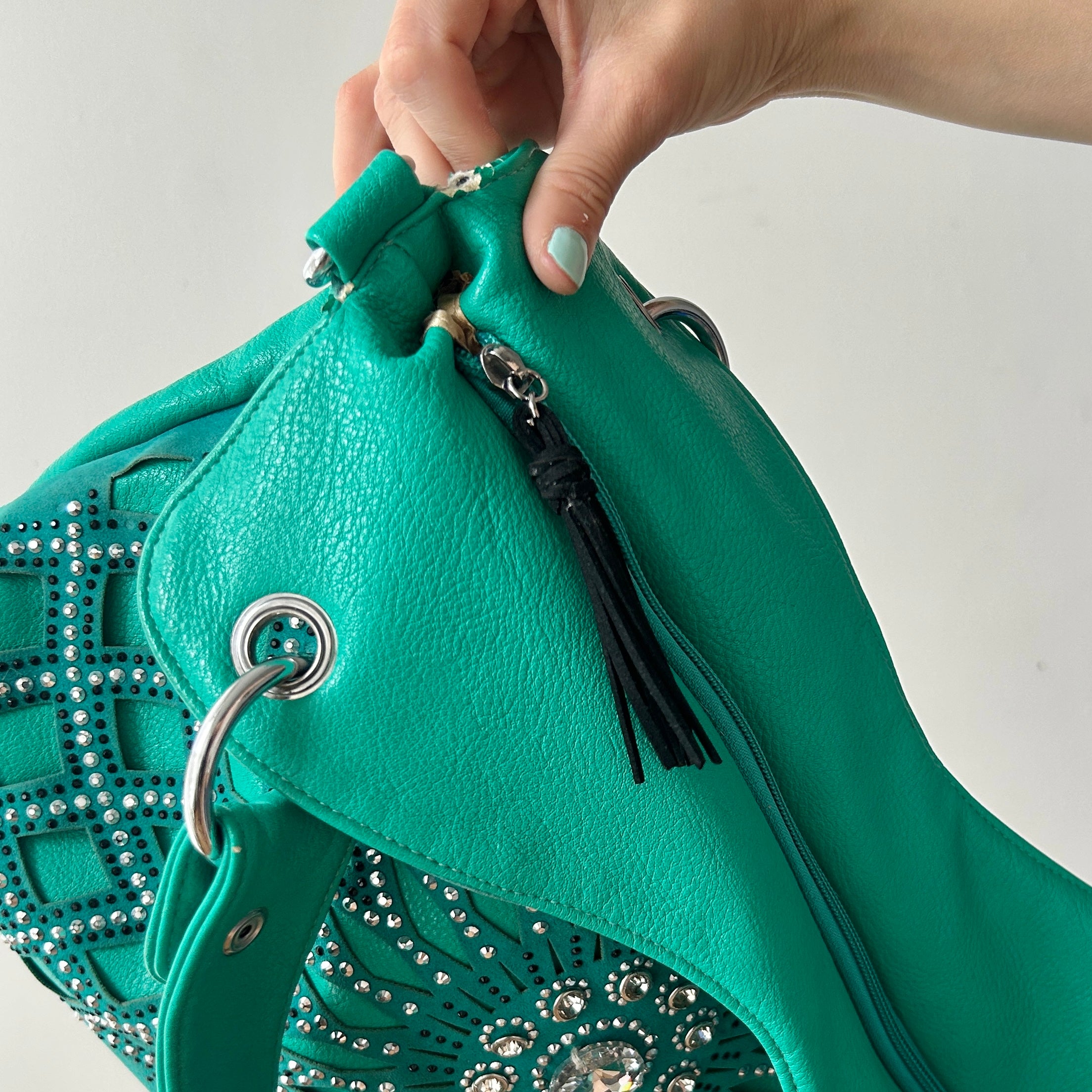 2000s teal shoulder bag with rhinestones