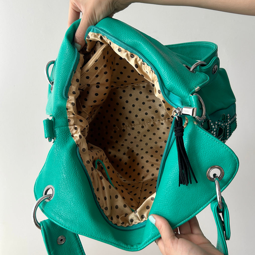 2000s teal shoulder bag with rhinestones