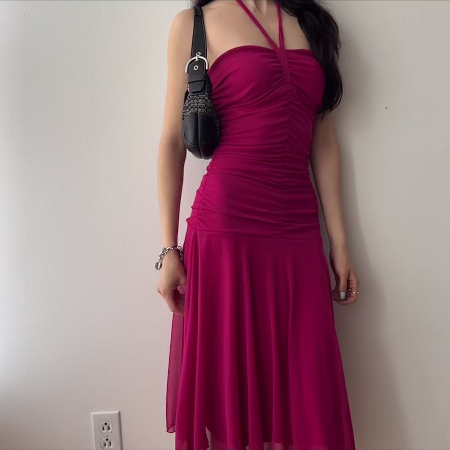 Y2K Fairy Pink Halter Neck Midi Dress by Le Chateau