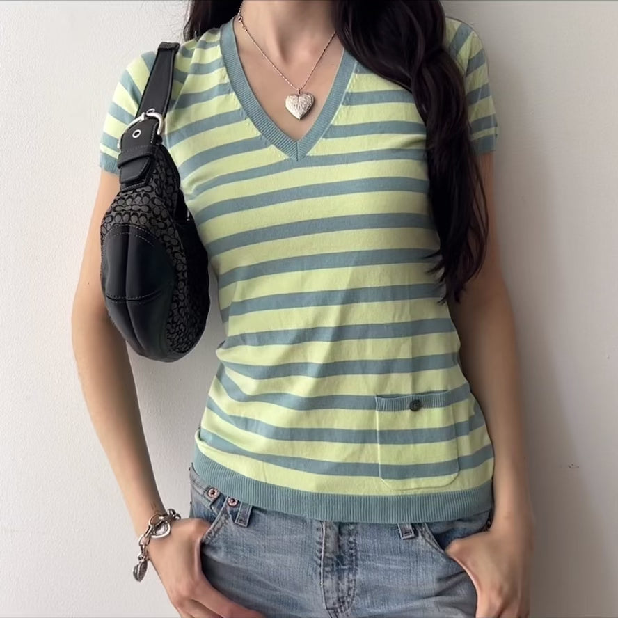 Indie Sleaze Striped Knit V-neck Top by ça va de soi