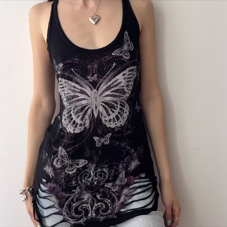 Indie Sleaze Butterfly Tank With Slashed Open Back by Joyce Leslie